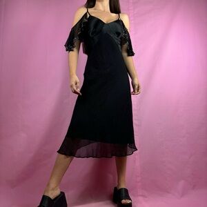 Vintage y2k black silk embellished 1920s flapper midi dress Rebecca Taylor sz 6